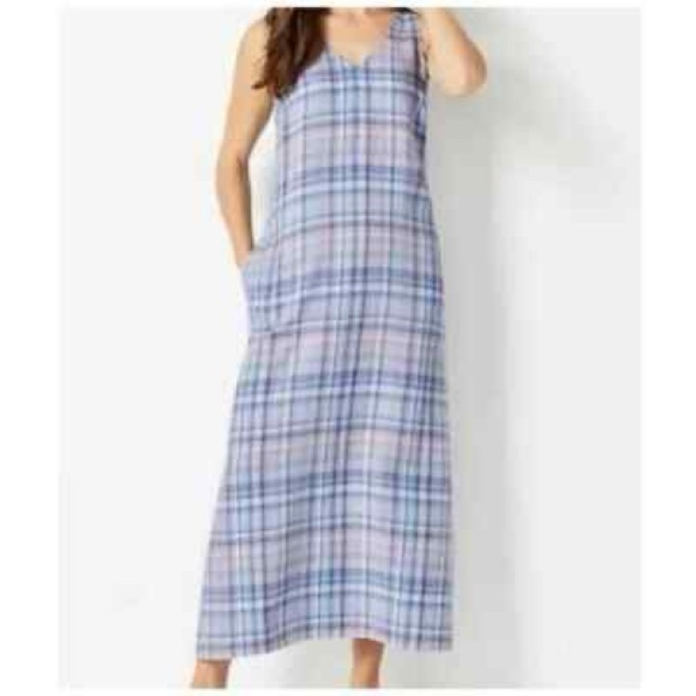 Women’s J Jill Love 100% Linen Sleeveless Maxi Blue & Pink Plaid Small Petite